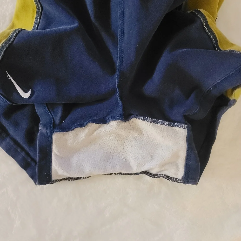 Nike Sports Bra and Shorts,  Chartreuse/Mustard Yellow and Denim Blue, Small - Picture 8 of 11
